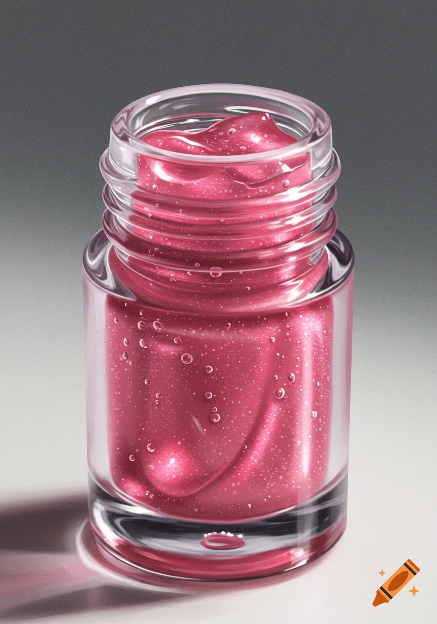 Close-up of a glass jar filled with pink lip gloss.