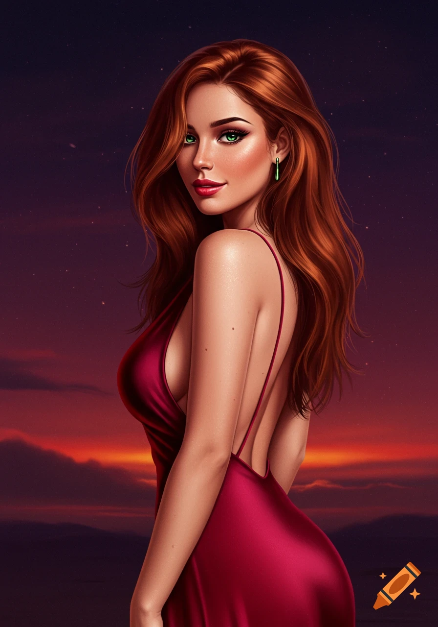 A woman with red hair and a red dress looks over her shoulder against a ...