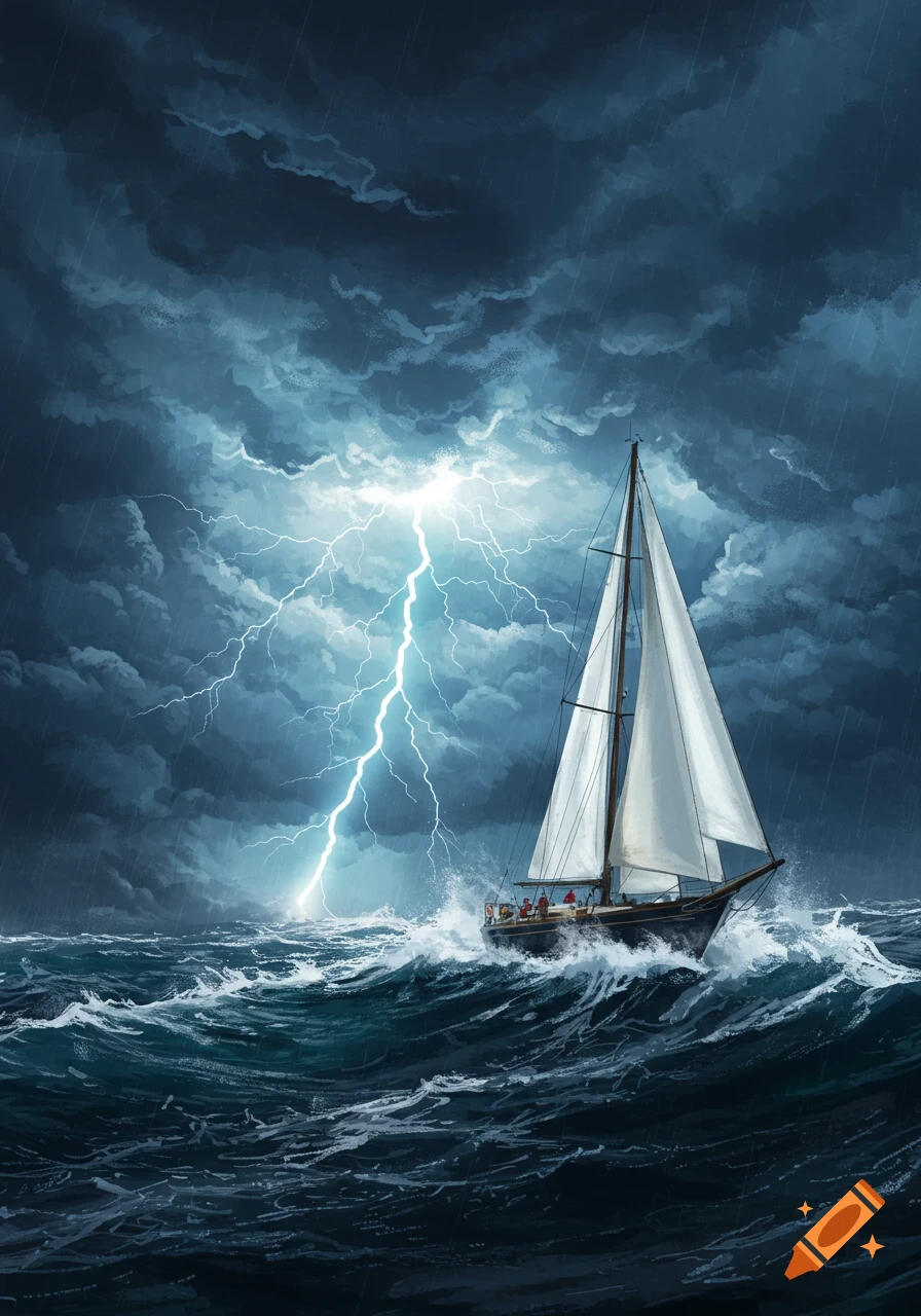A sailboat pitches on rough waves under a dark, stormy sky with lightning striking nearby. Rain falls and clouds swirl.