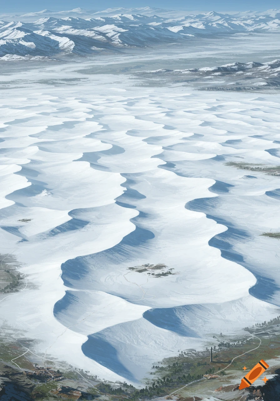High-angle view of a vast frozen desert with large snow dunes, mountains, and scattered buildings.