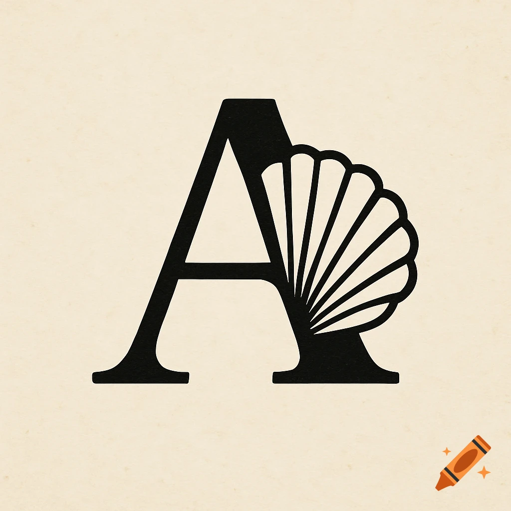 Letter A decorated with a scallop shell on a light background
