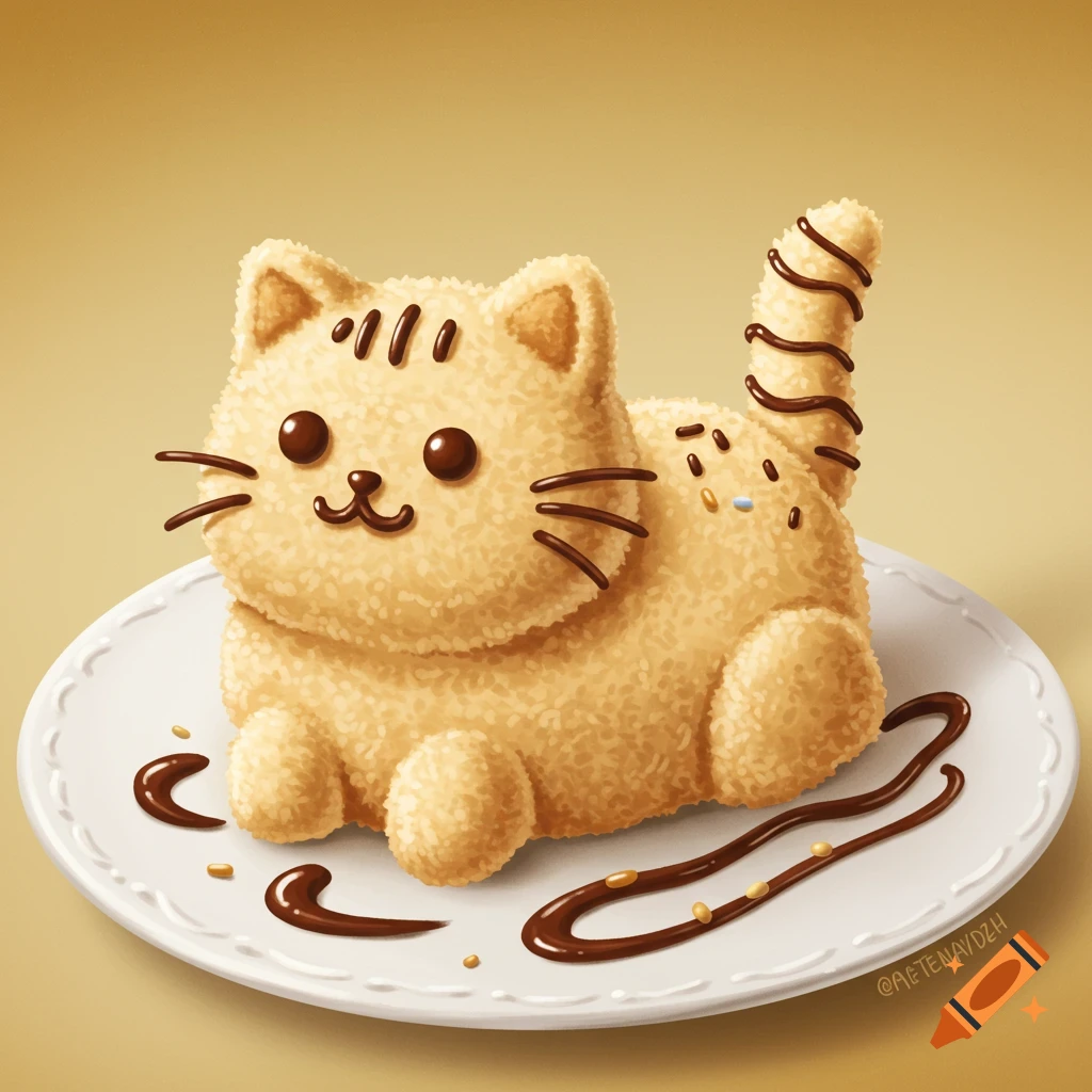 Illustration of a cute cat-shaped dessert on a plate.