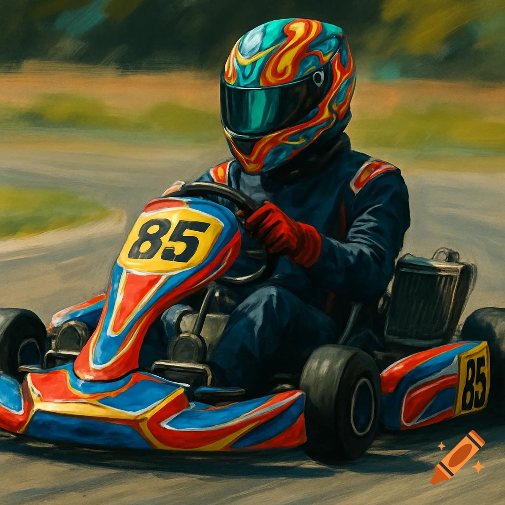 Go-kart driver with a flame helmet racing, painterly style.