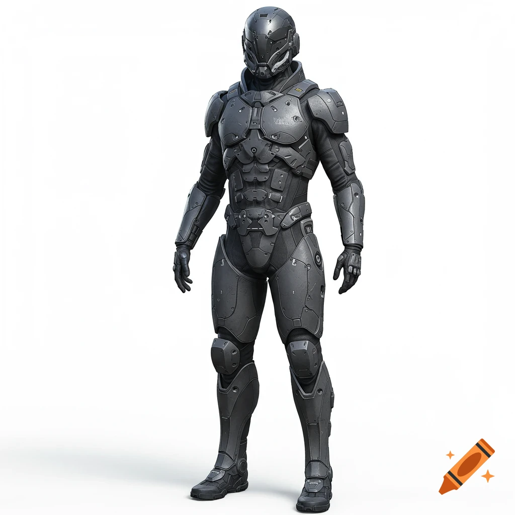 A futuristic soldier in grey armor stands in a T-pose on a white background.