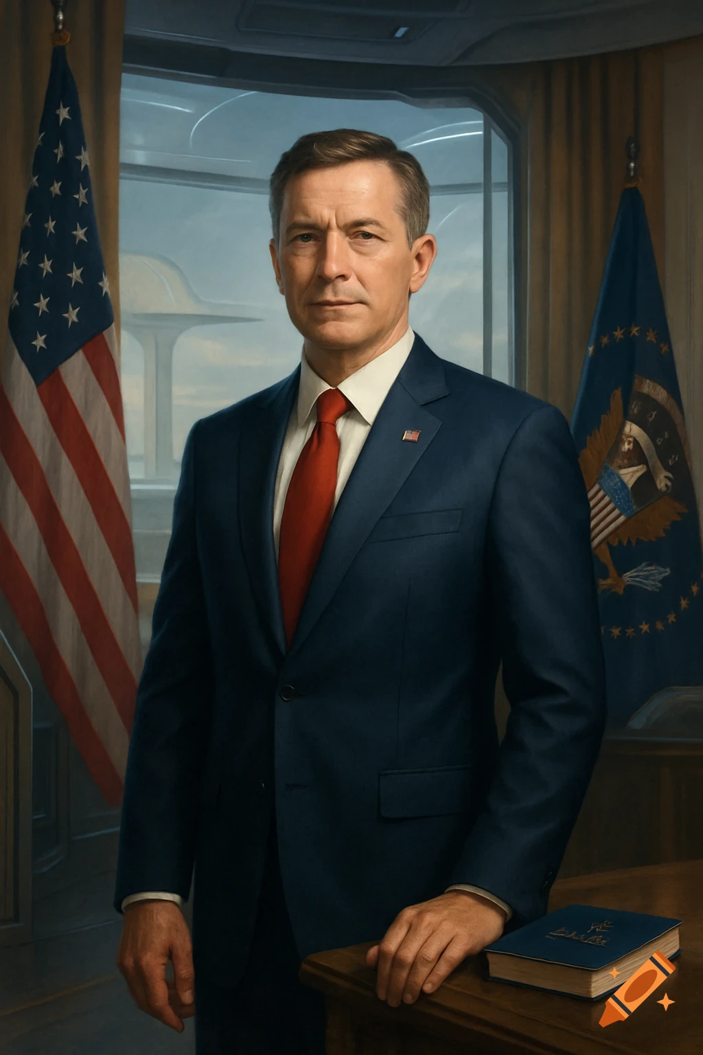 Formal portrait of a man in a suit standing between flags in an office.