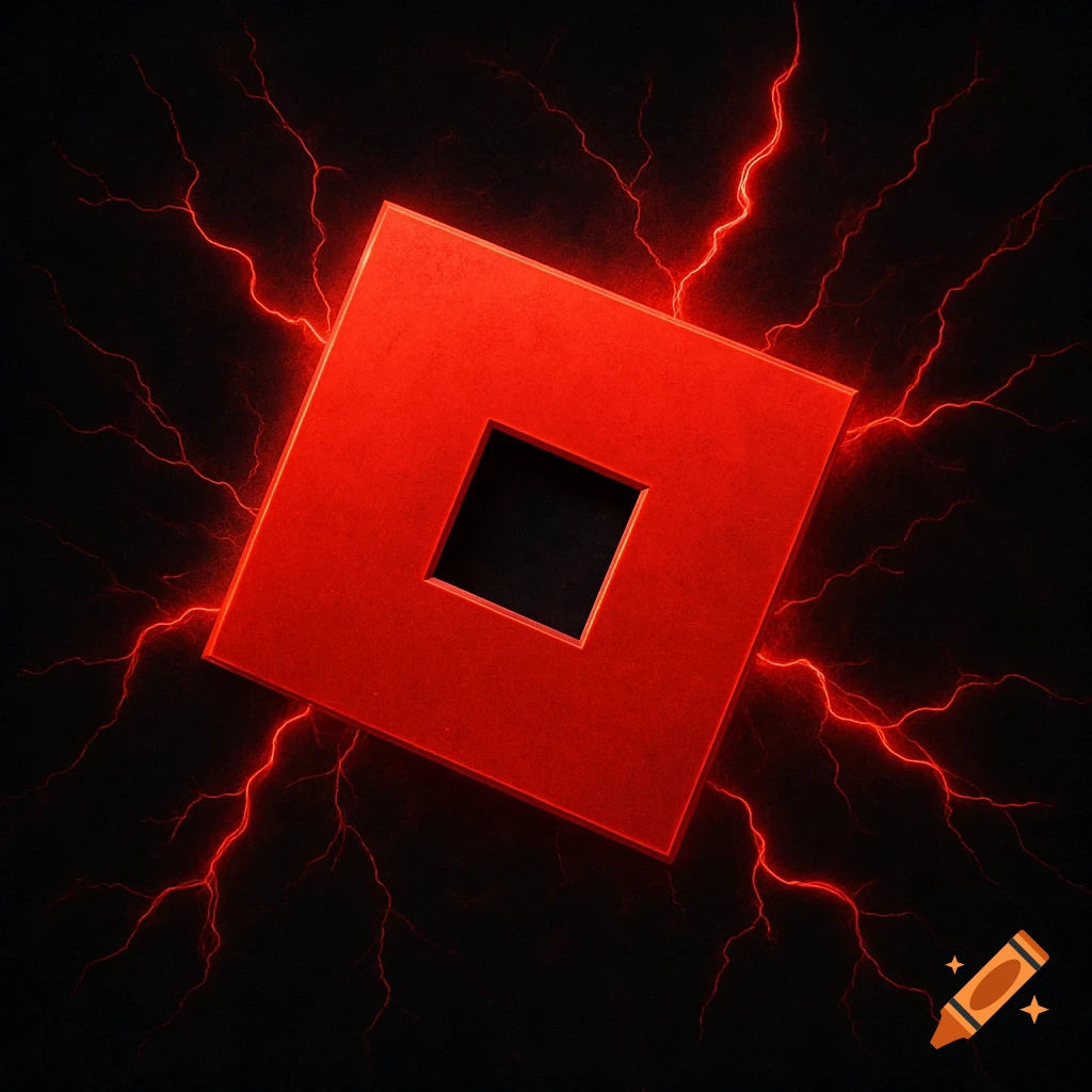 Red Roblox logo with red lightning bolts on a black background