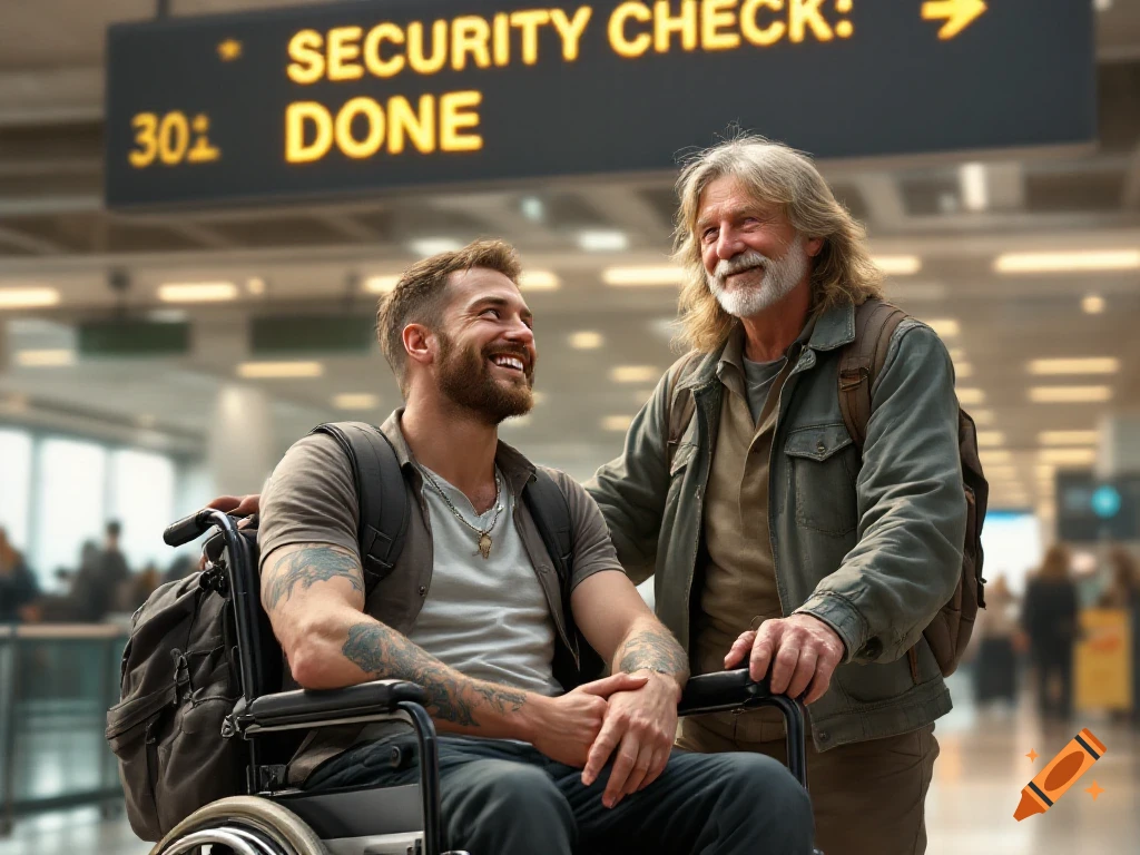 Two men, one in a wheelchair, smile at an airport security check sign.
