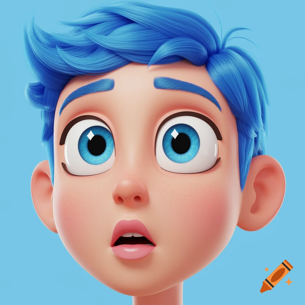 3D cartoon portrait of a character with blue hair and wide eyes looking surprised.