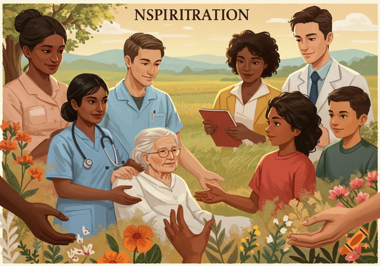An illustration of diverse people, including healthcare workers, surrounding an elderly person in a field with flowers.