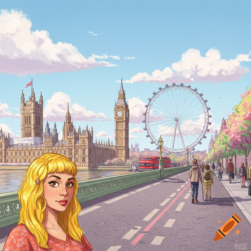 An illustrated view of London with a woman in the foreground, showing the Houses of Parliament, Big Ben, and the London Eye.