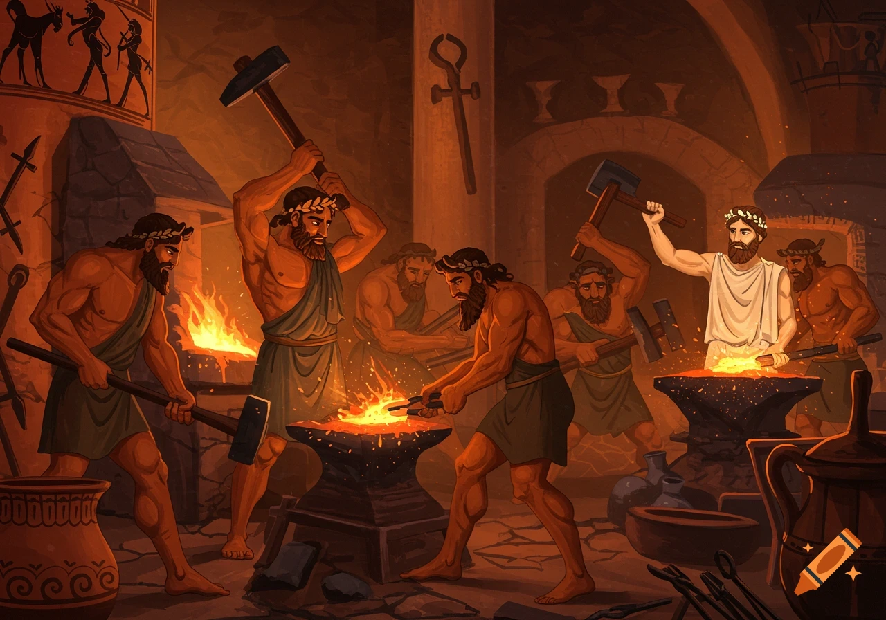 Muscular men in an ancient Greek forge, hammering metal on anvils, drawn in a style based on Greek pottery.