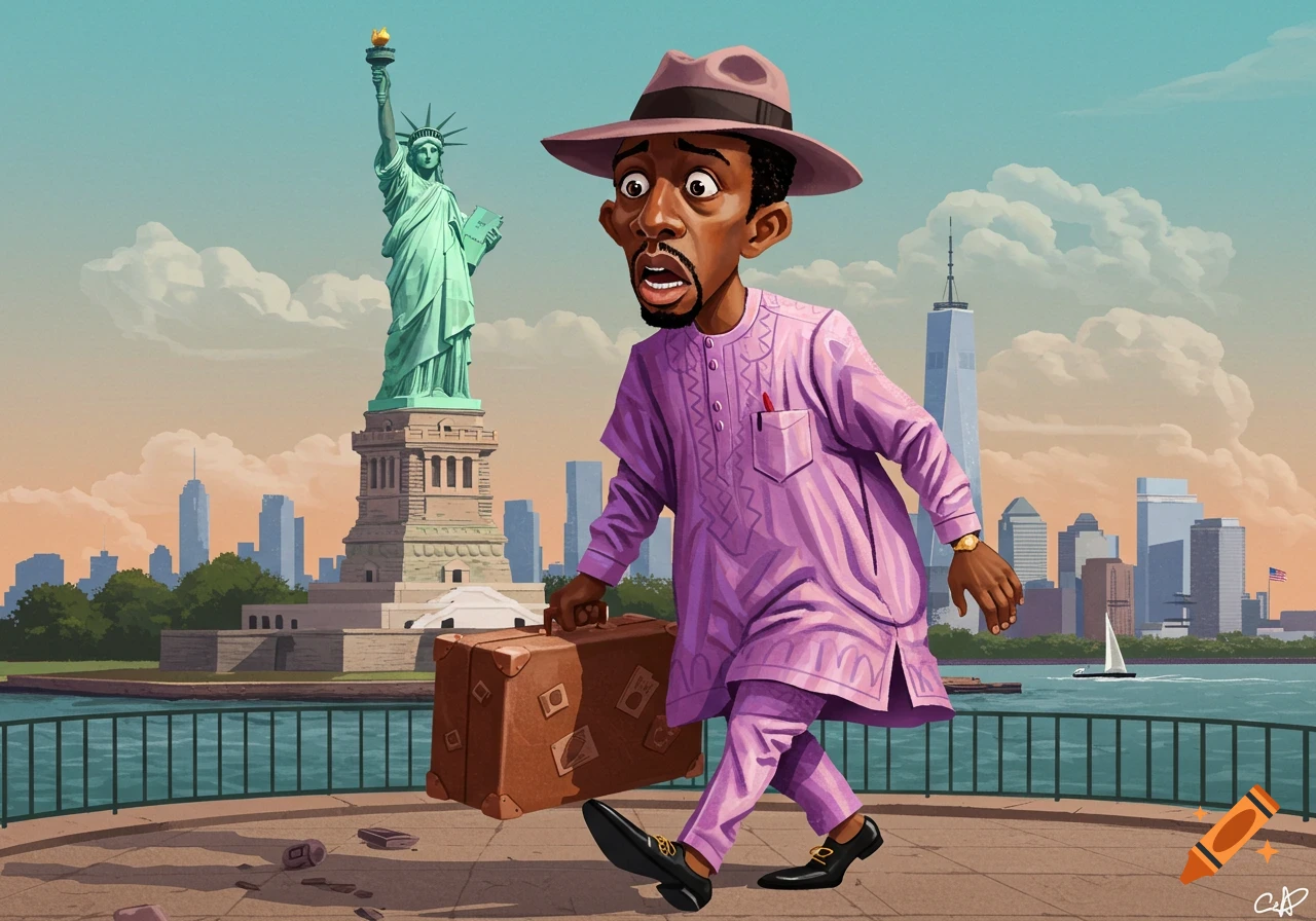 Cartoon man in purple outfit carrying a suitcase walks past the Statue of Liberty and New York City skyline.