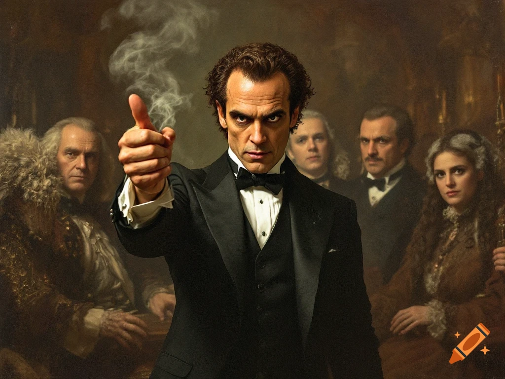 Painting of a man in a tuxedo pointing, with figures in the background.