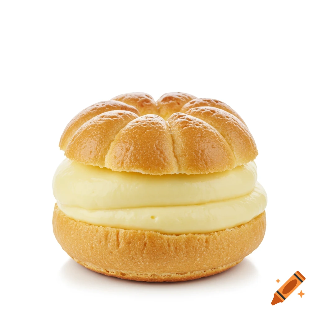 A close-up photo of a custard cream bun on a white background.