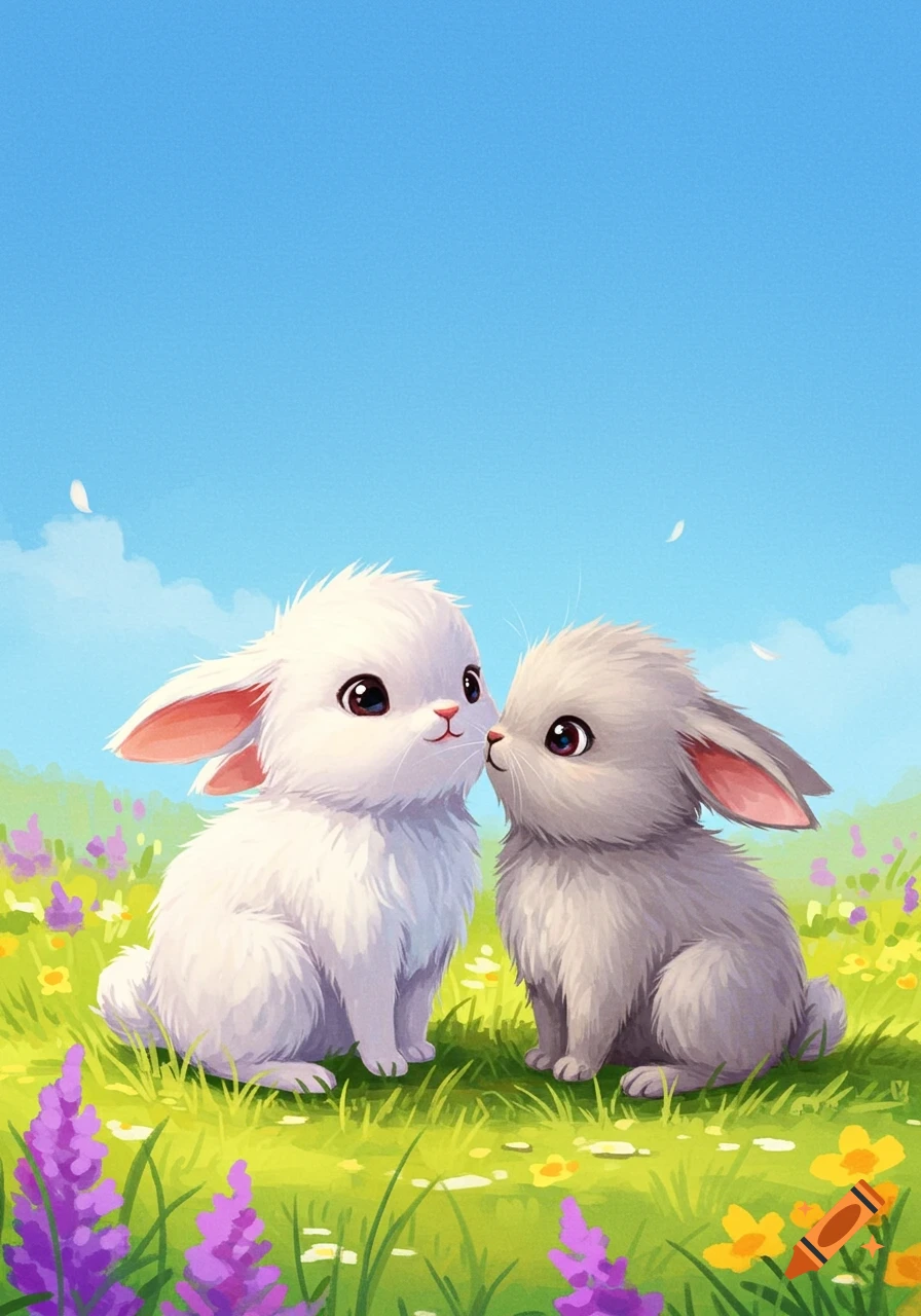 Two cute bunnies sit together in a field of flowers under a bright blue sky.