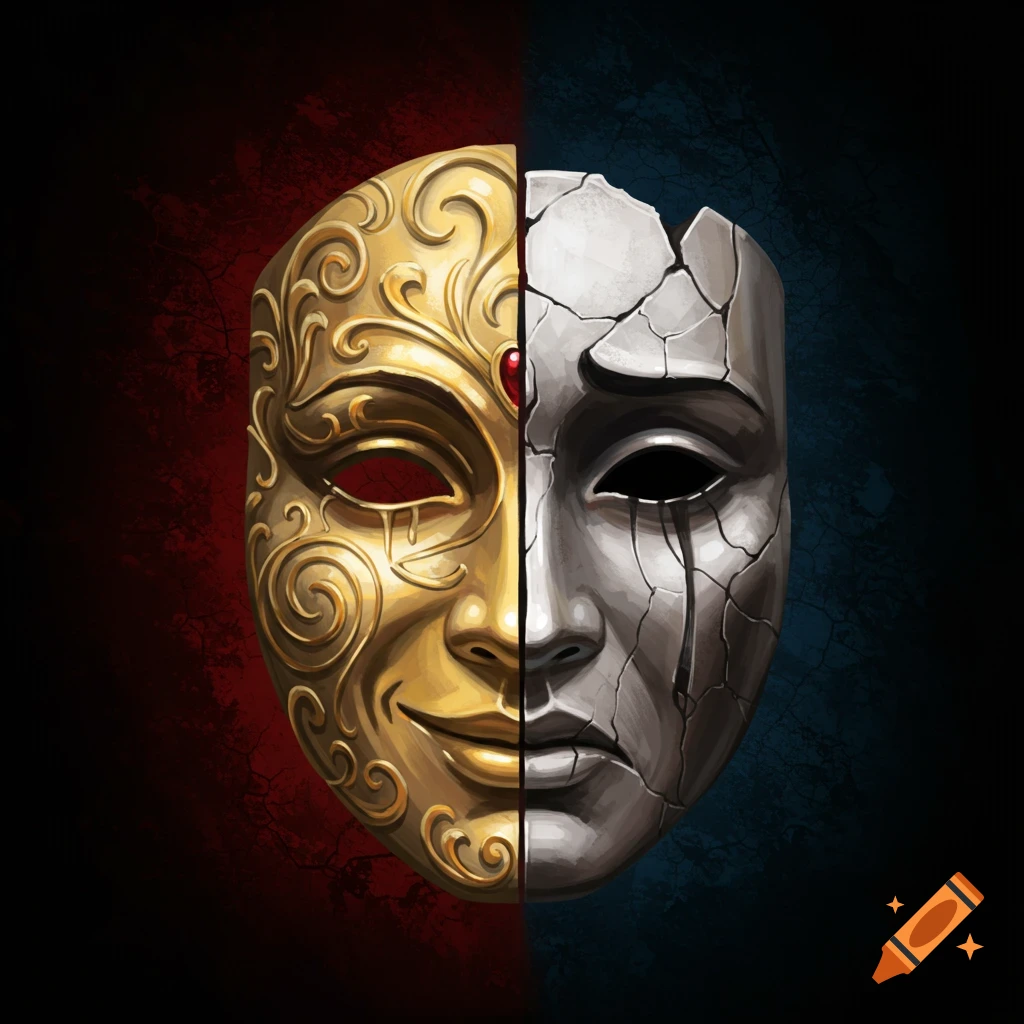 A mask split vertically. The left side is ornate gold and smiling. The right side is cracked grey and sad, with tears. It's against a split red and blue background.