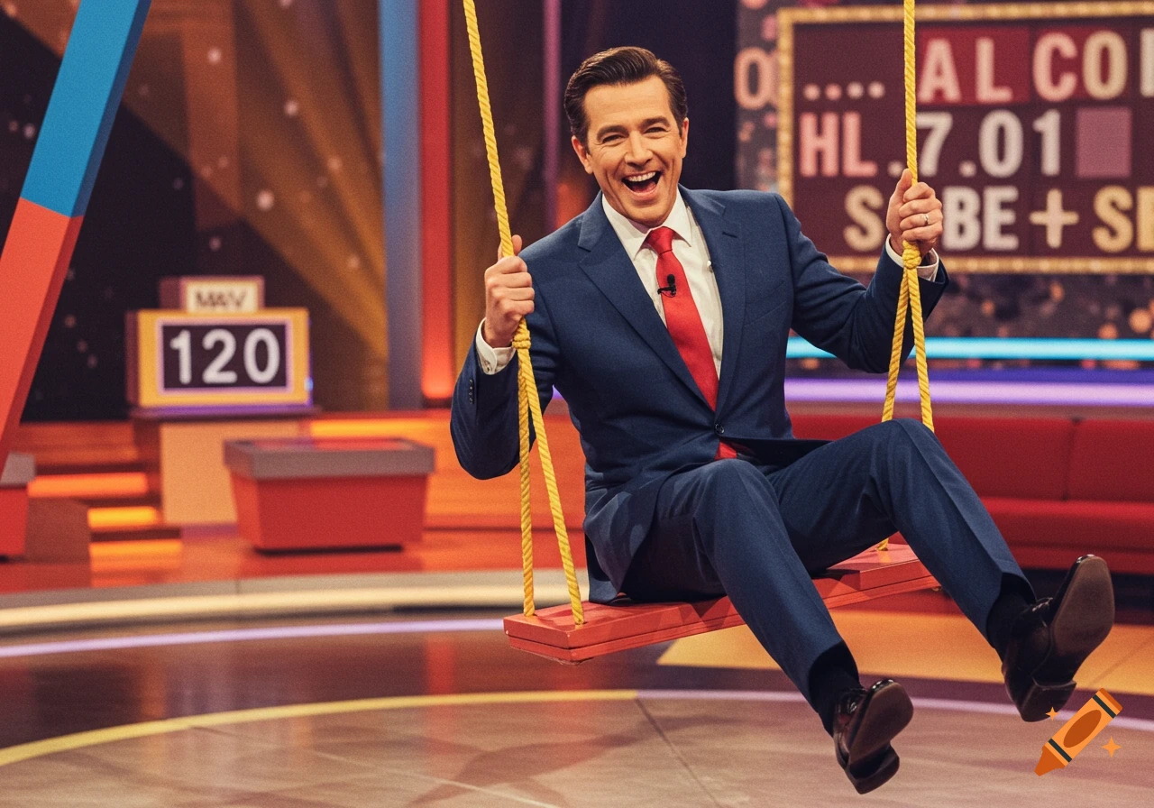 A laughing man in a suit swings on a swing on a game show set.