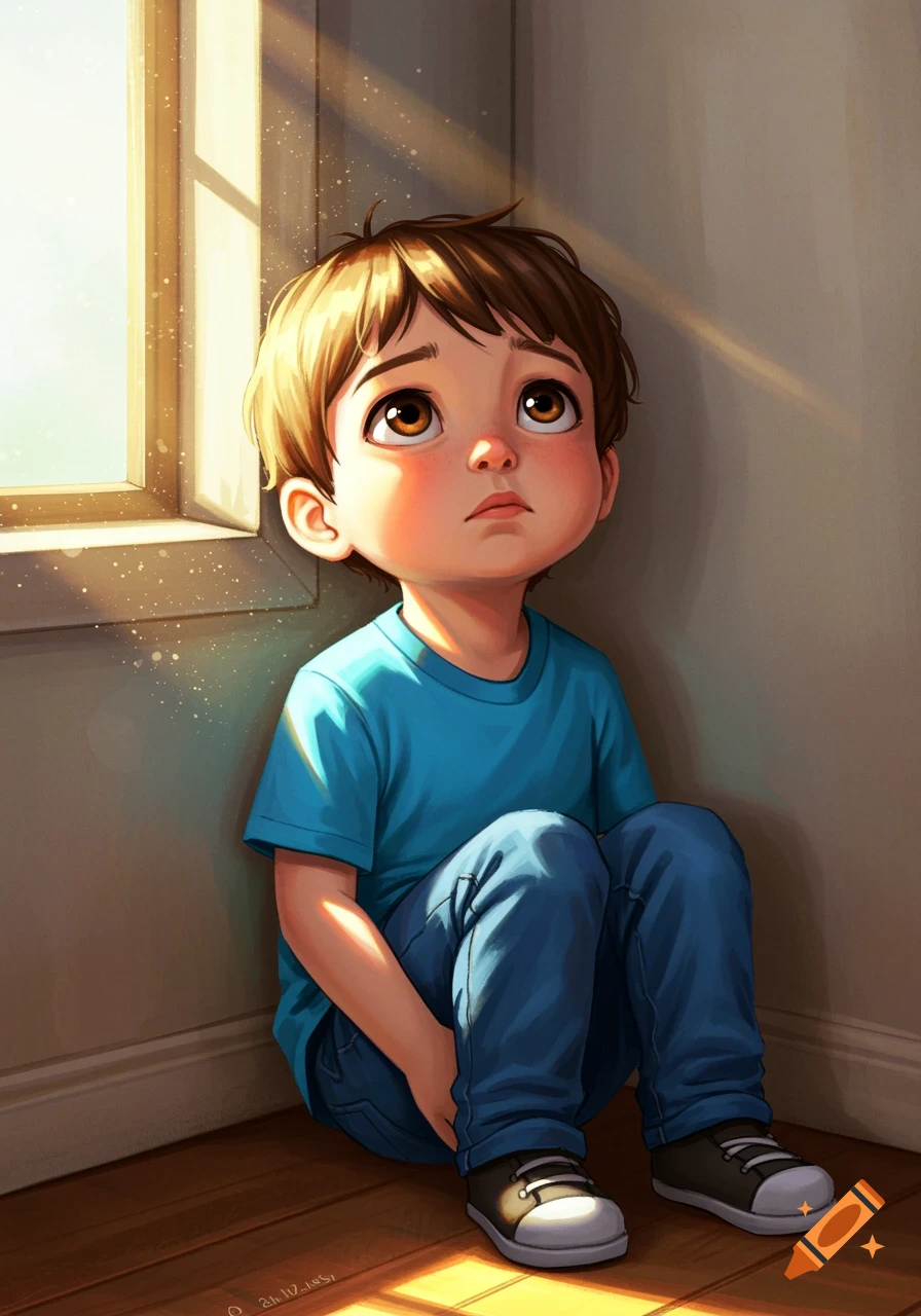 Cartoon boy sits in a corner looking up at light from a window, illustration.