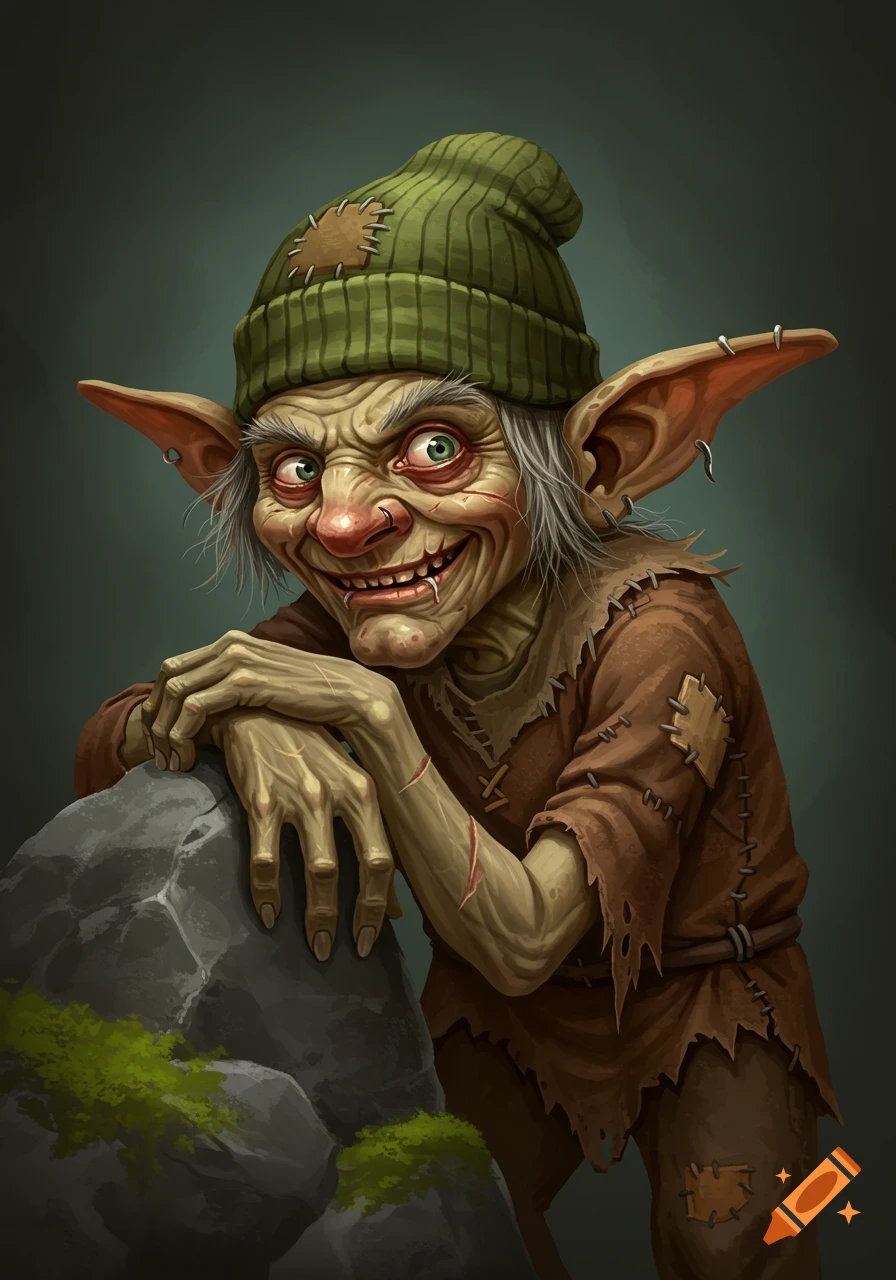 Illustration of an old goblin with a green beanie leaning on a rock.