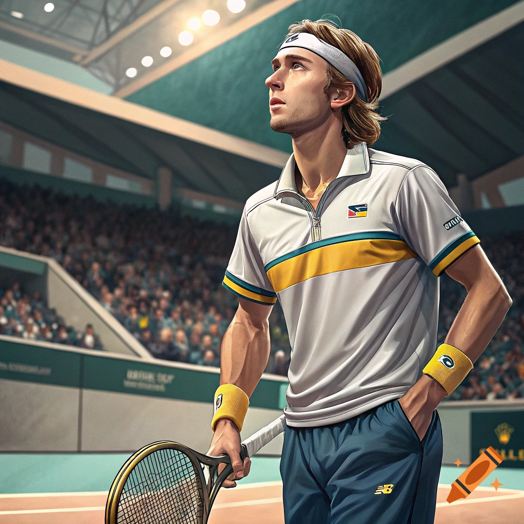 A tennis player stands on a court holding a racket and looking up.