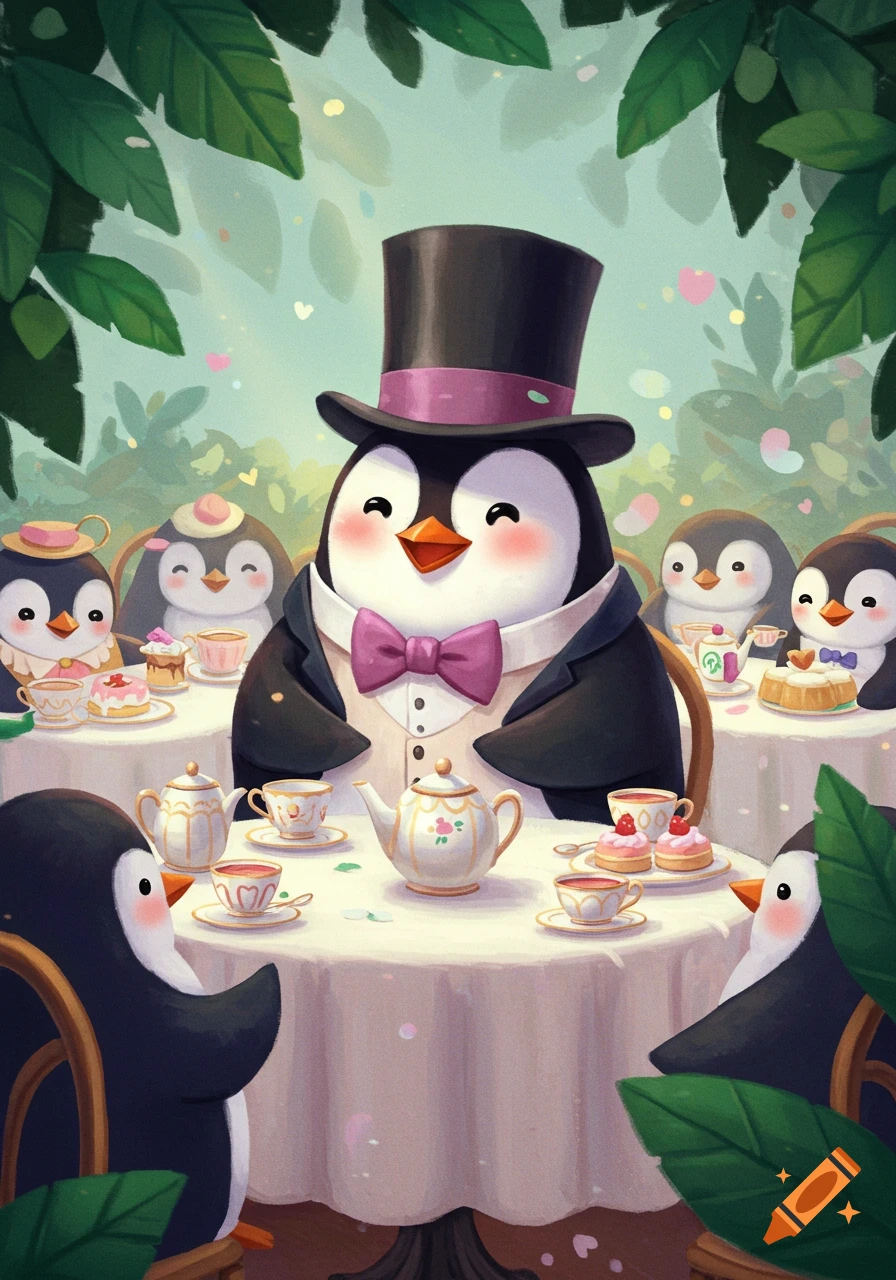 Cute illustration of a penguin in a top hat and bowtie hosting a tea party with other penguins.
