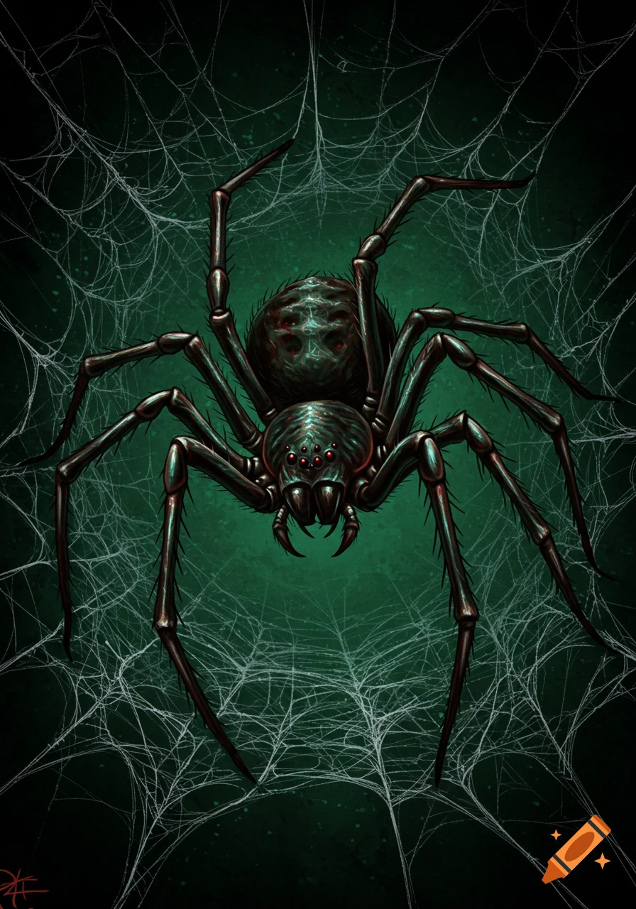 Illustration of a dark spider on a web against a green background.