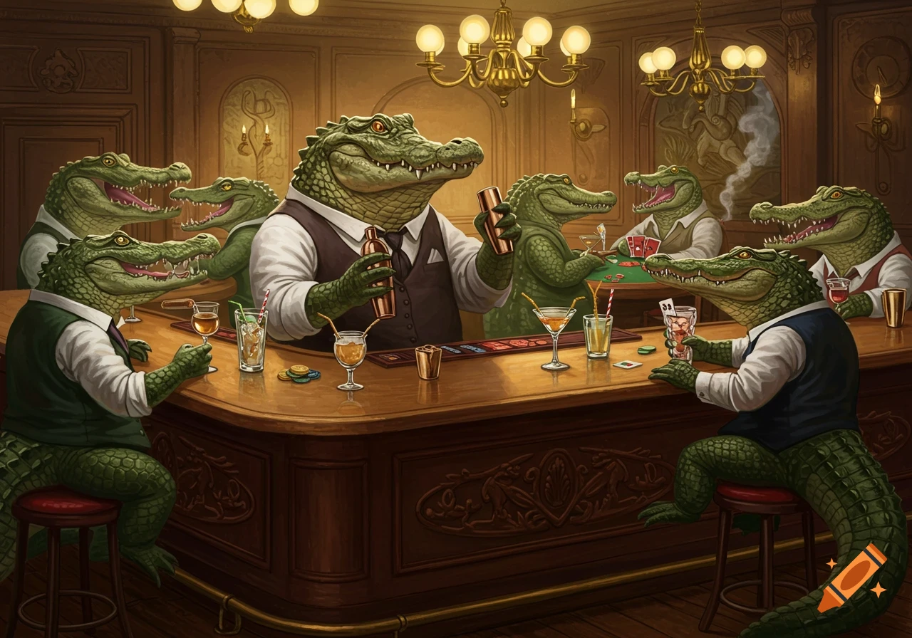 Anthropomorphic alligators drinking and playing poker in a bar, detailed illustration.