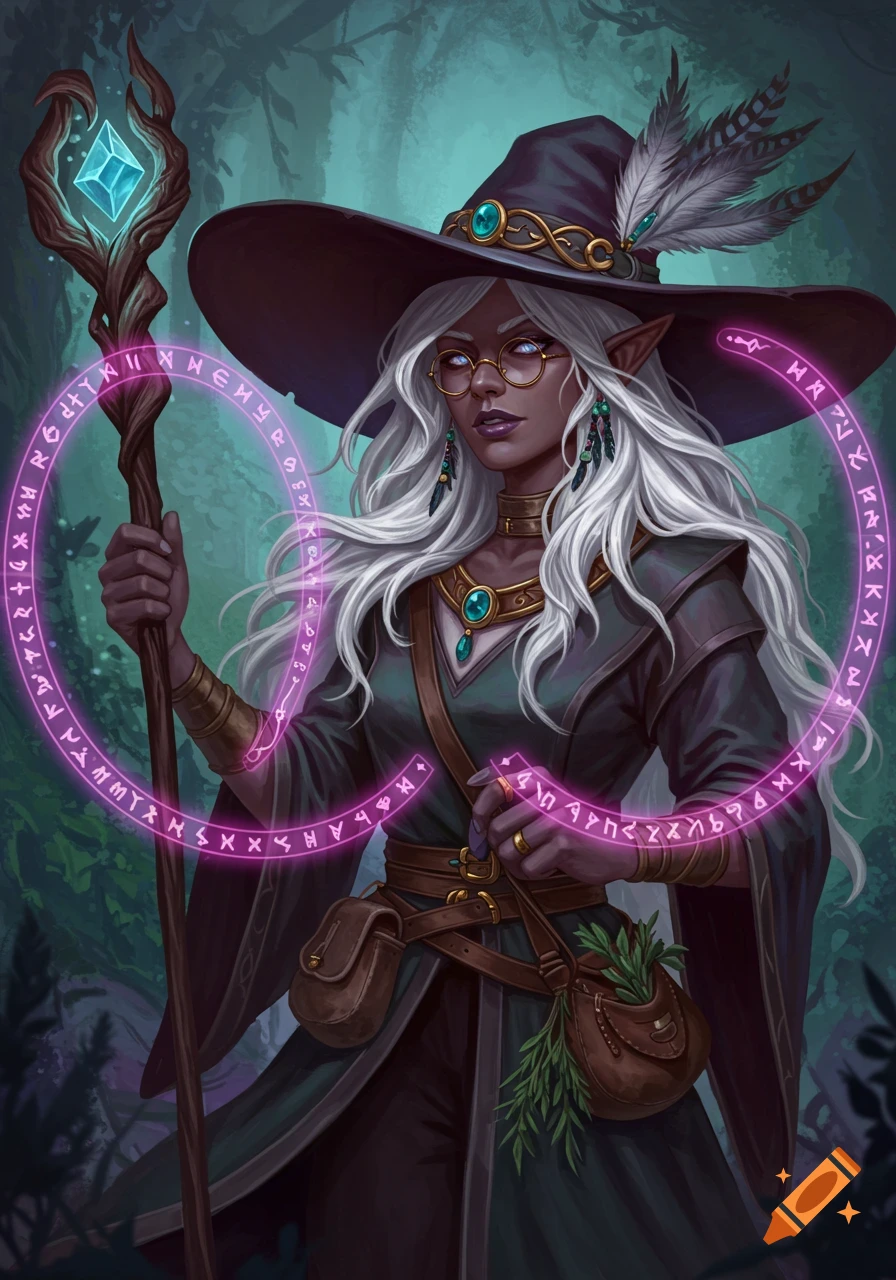Fantasy illustration of a dark-skinned elf woman mage with white hair, glasses, hat, holding a glowing staff with runes.