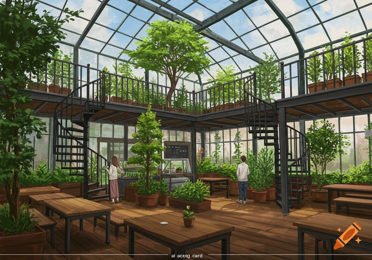 Illustrative scene of a two-story greenhouse cafe with spiral staircases, tables, plants, and two people inside.
