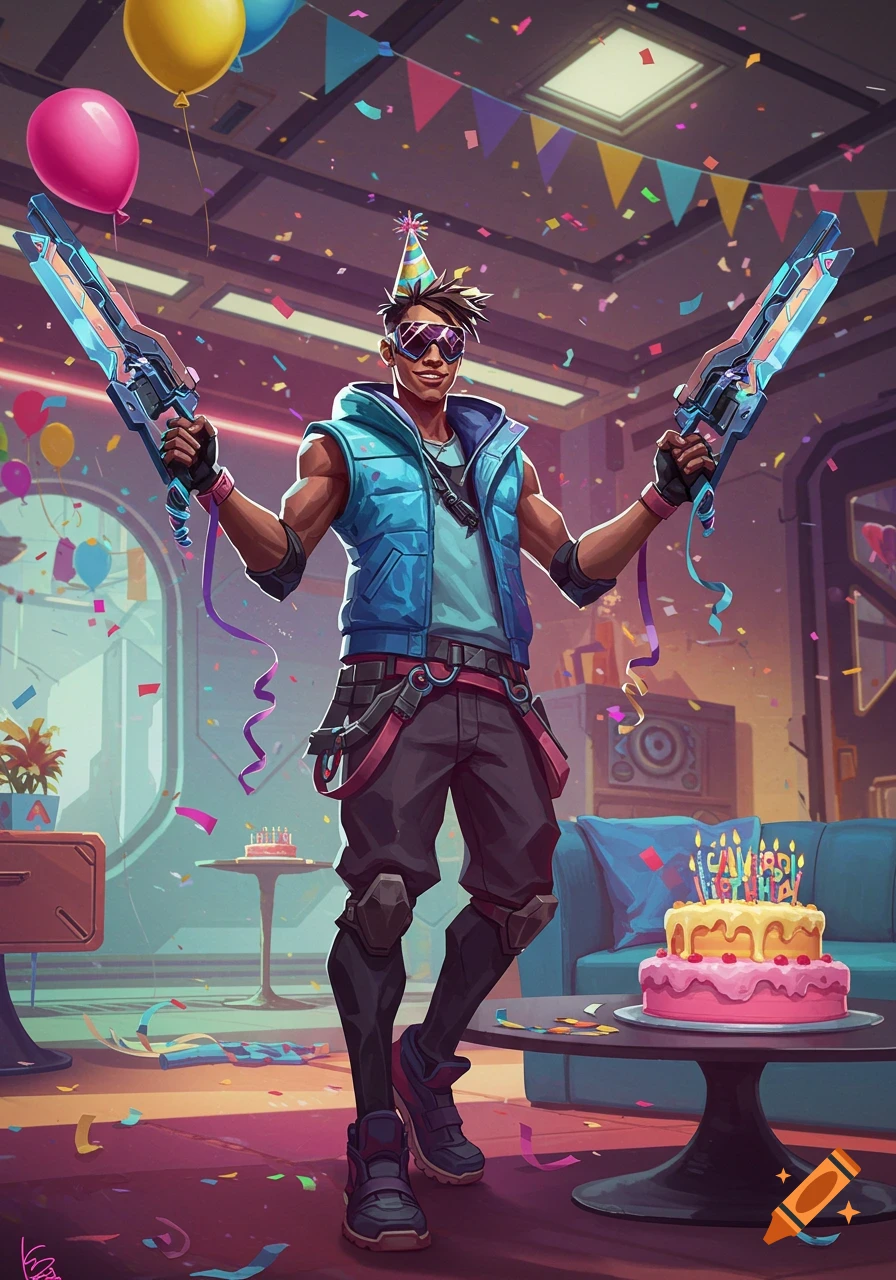 Stylized character with party hat and guns in a futuristic birthday party.