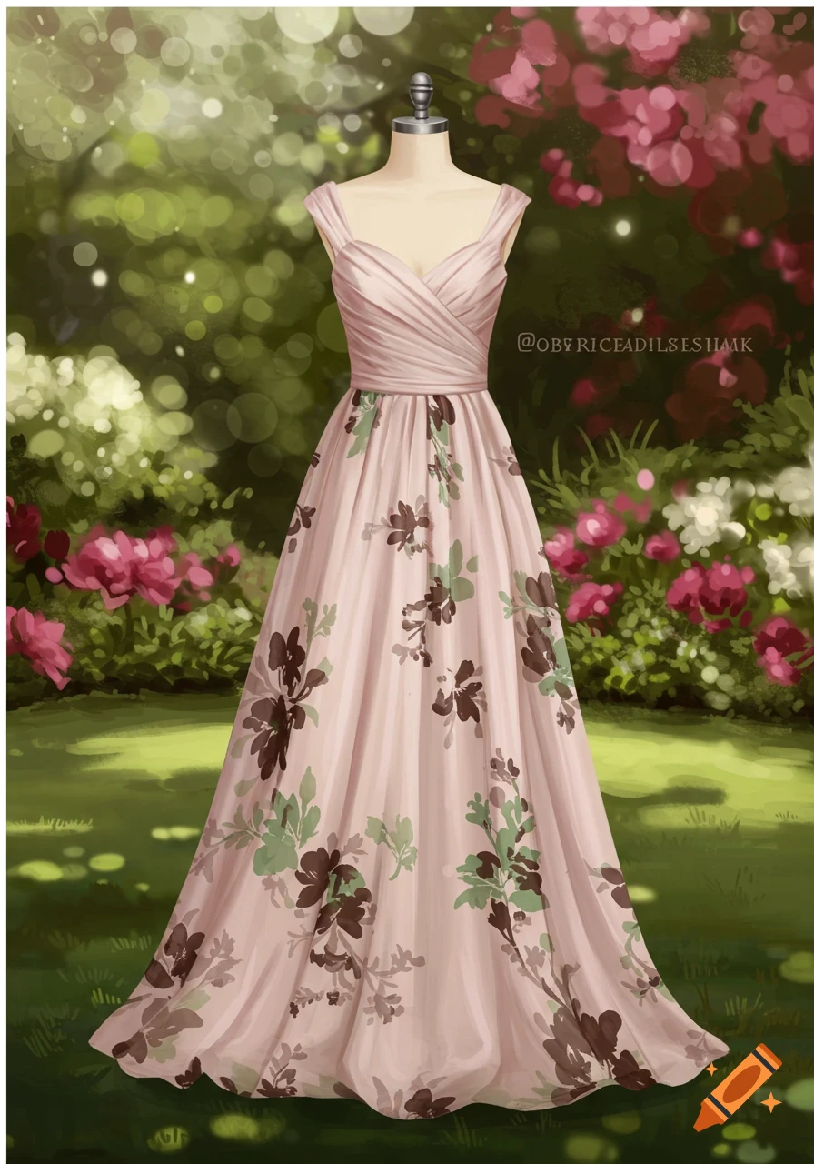 Pink floral dress on a mannequin in a garden.