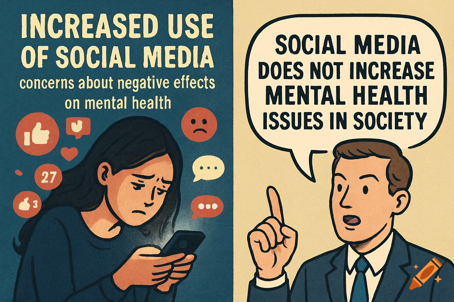 Split illustration showing a sad person using a phone on the left, and a man arguing about social media and mental health on the right.