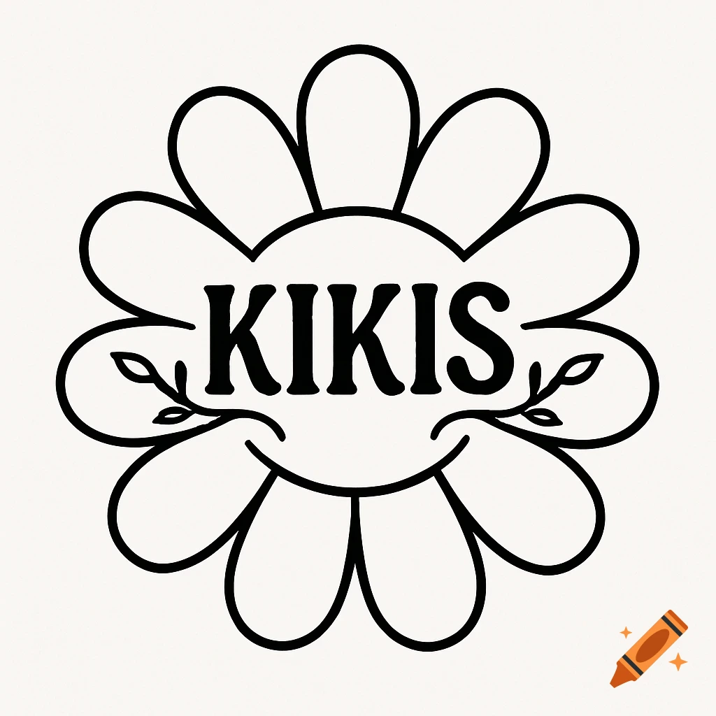 Line art design of a stylized flower with 'KIKIS' text and vines