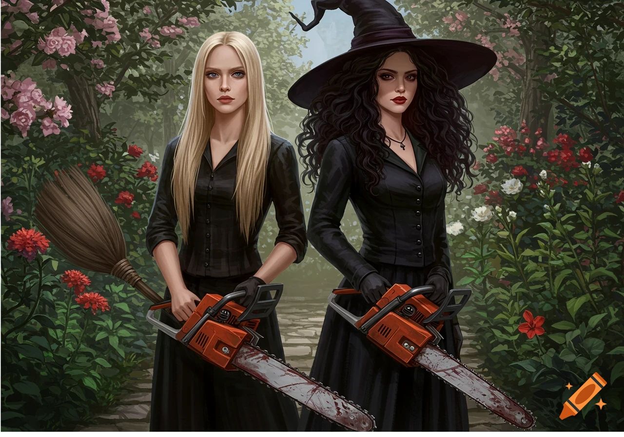 Two witches in a garden hold bloody chainsaws; one has blonde hair, the other dark.