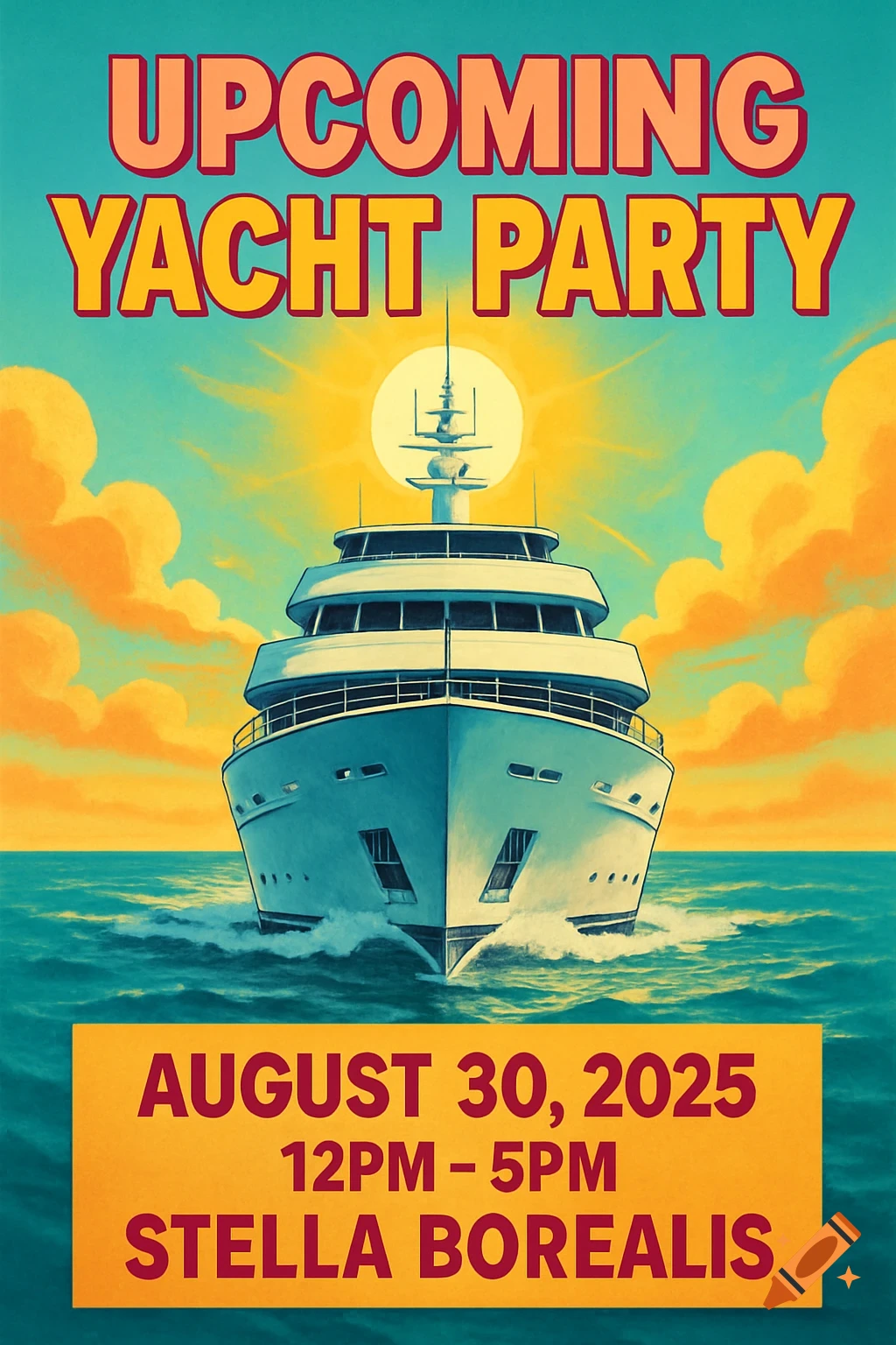 A vibrant poster for an upcoming yacht party featuring a yacht, text details, and a sunny sea background.