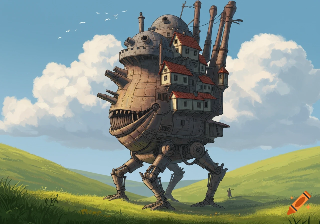 A large walking castle with houses and mechanical legs stands in a green hilly landscape under a blue sky with clouds. Anime style.