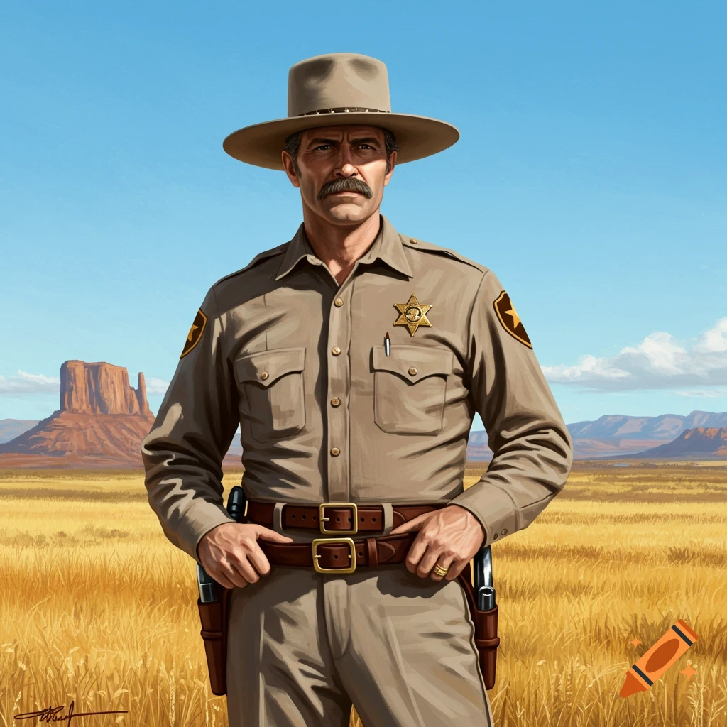 A man in a sheriff's uniform and hat stands in a field with desert buttes in the background, in a painterly style.