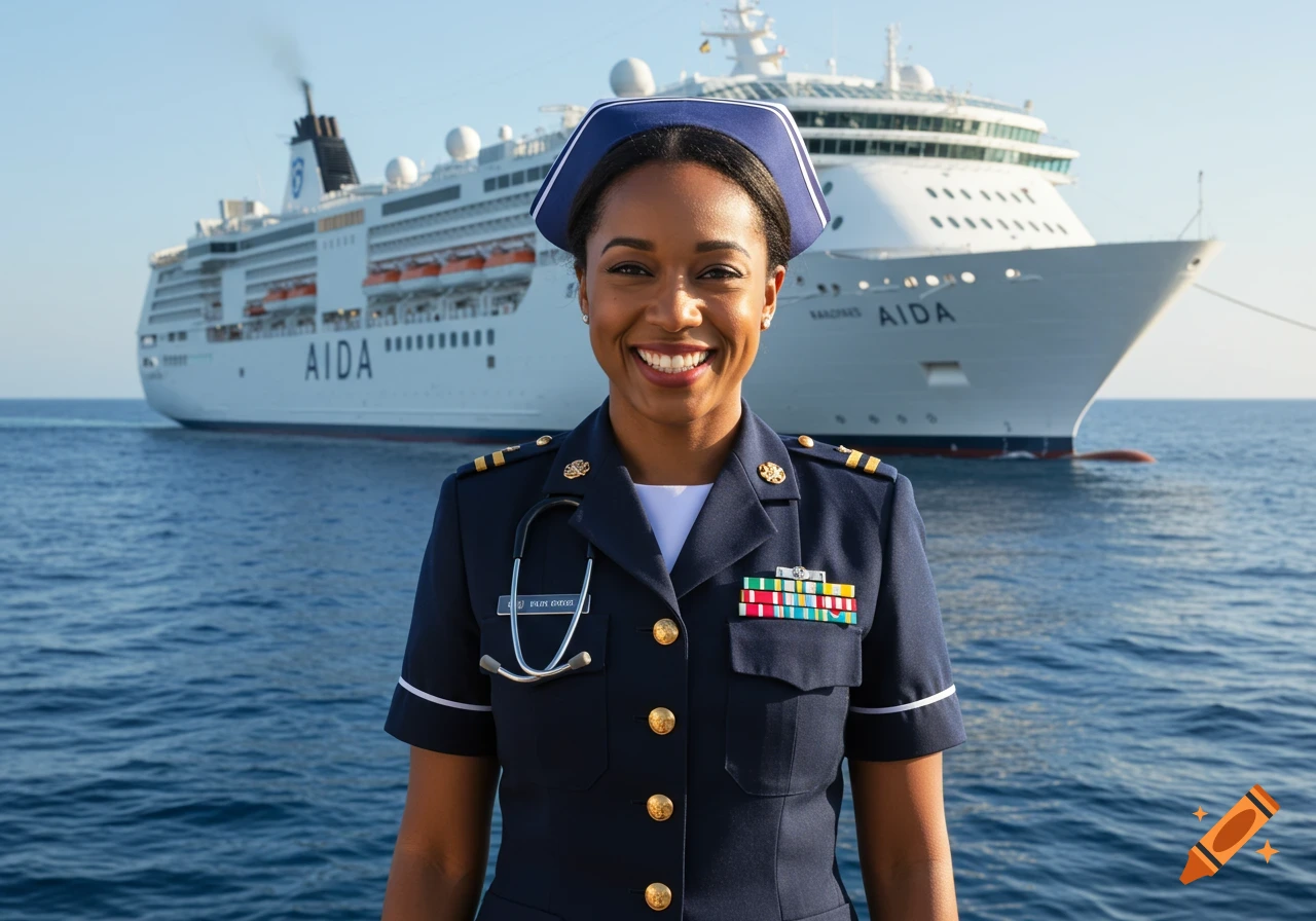 Smiling person in officer uniform with stethoscope in front of a cruise ship on the ocean.