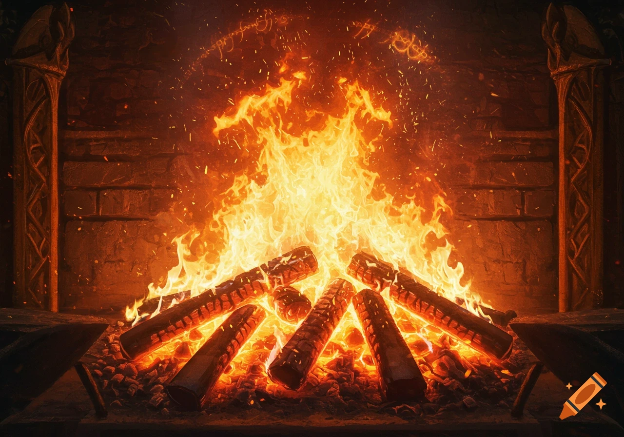 A large fire burns in a stone fireplace with ornate pillars and glowing symbols resembling the Lord of the Rings script floating above the flames.