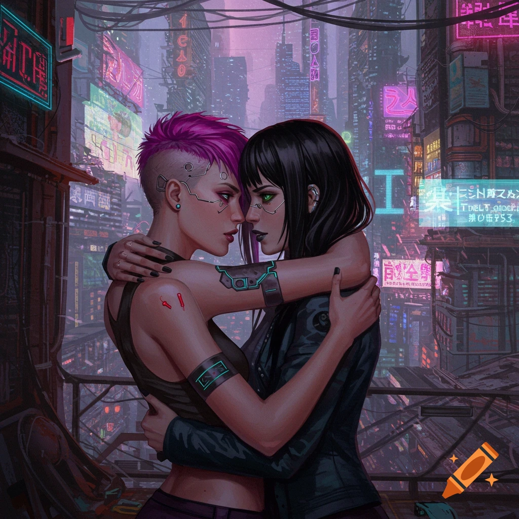 Two women embrace in a neon-lit cyberpunk city