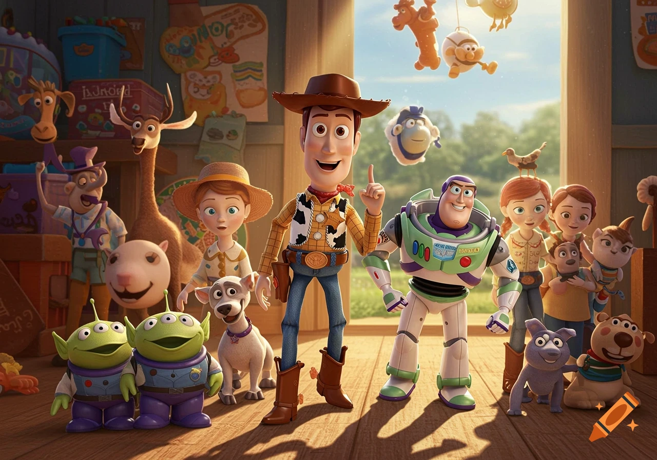 Woody, Buzz Lightyear, Jessie, aliens, and other toy characters stand ...