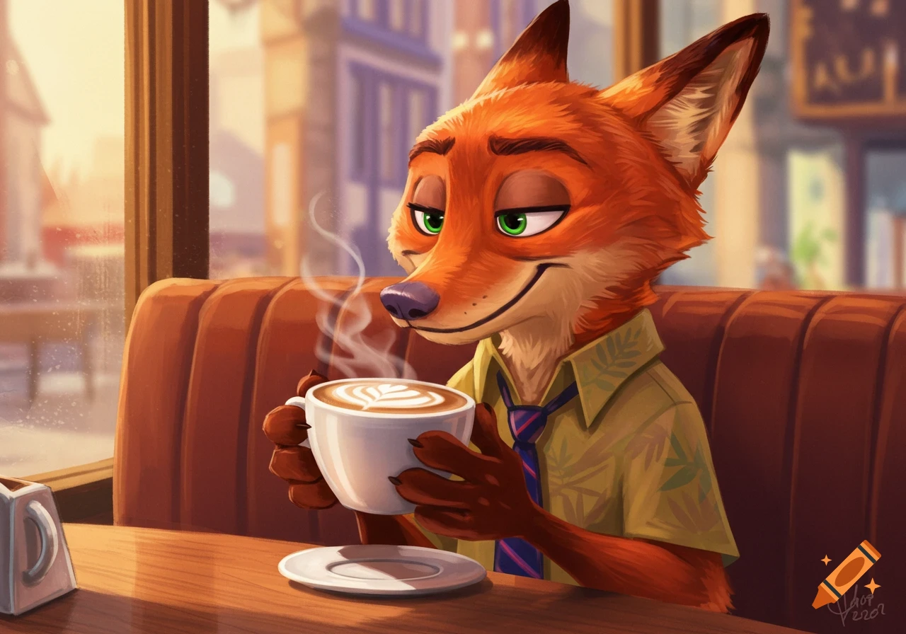 Nick Wilde, an anthropomorphic fox, sits in a cafe booth, smiling and holding a cup of steaming coffee with latte art.