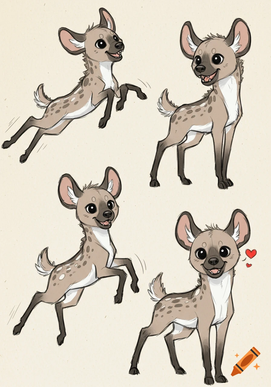 Four cute hyena deer hybrid sketches in various poses.