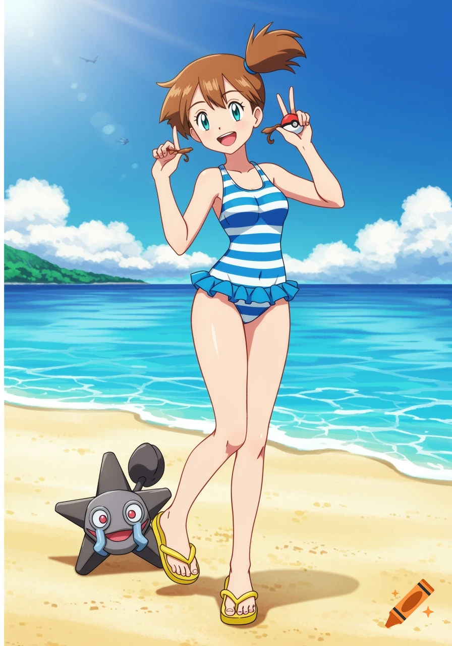 Anime illustration of Misty from Pokemon in a swimsuit on a beach with a  Staryu. on Craiyon