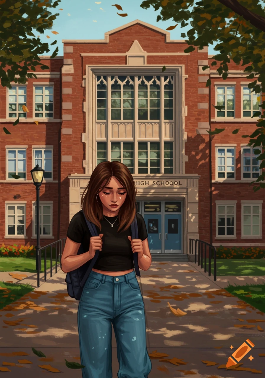 Illustration of a sad student walking into a high school during fall