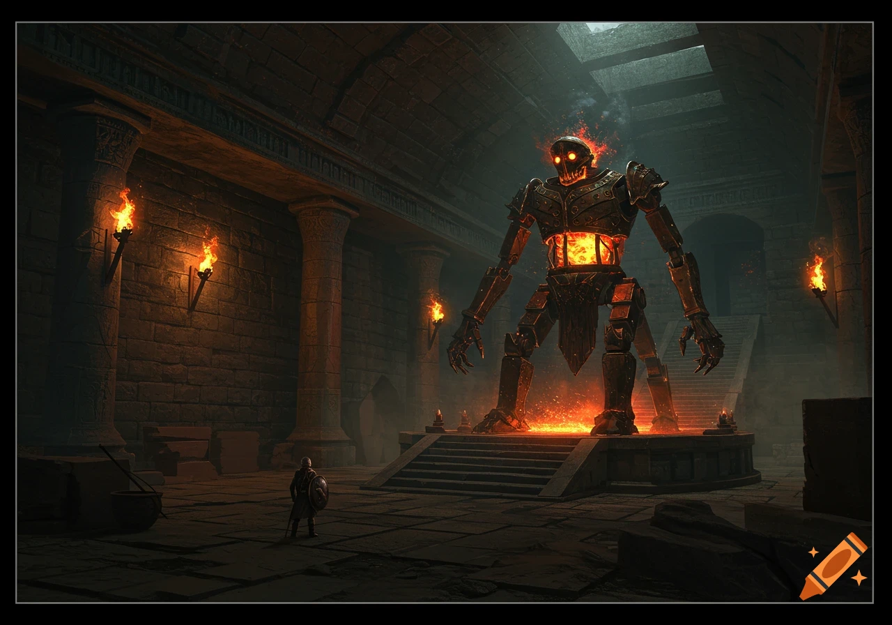 A small knight faces a large, fiery bronze automaton in a dark dungeon.