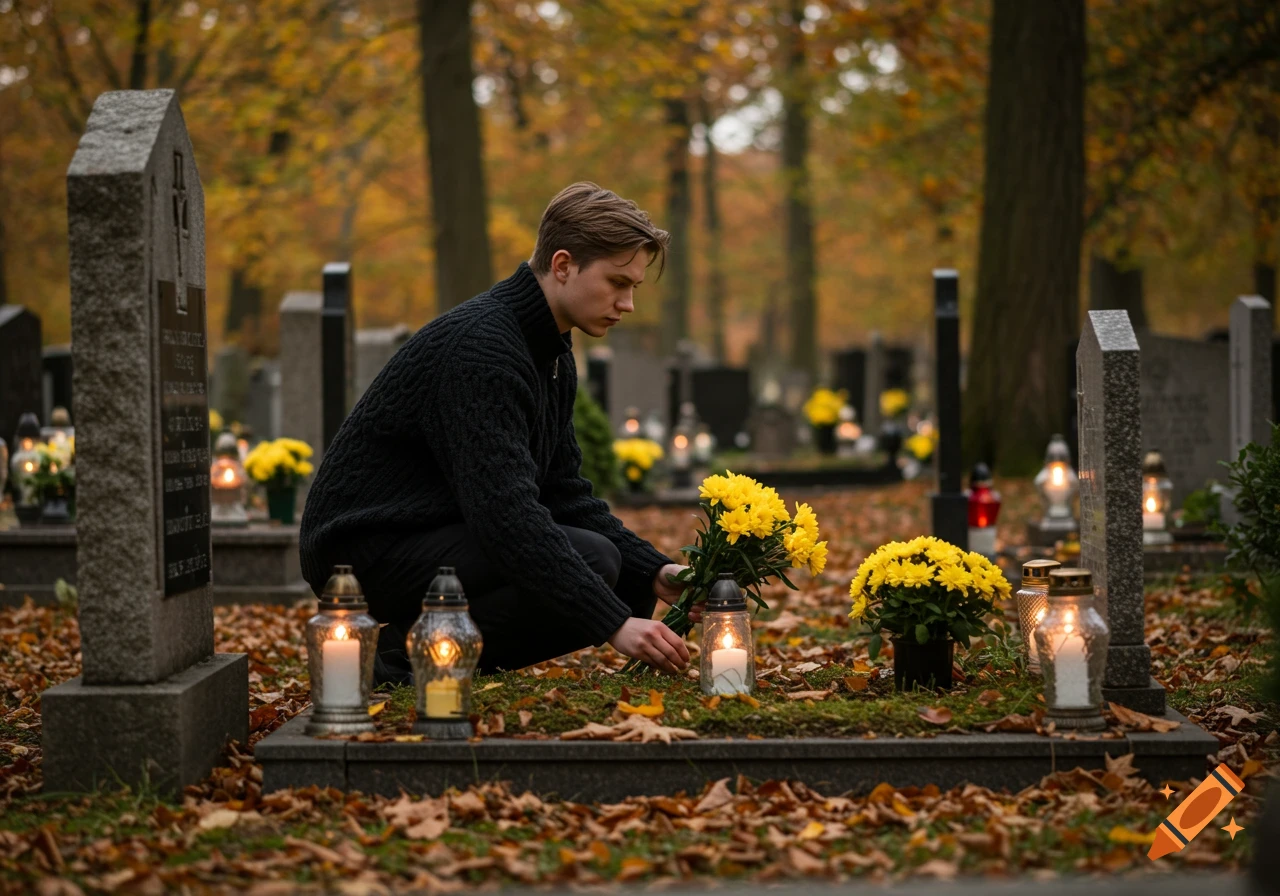 Young man kneels at grave with yellow flowers and candles in autumn cemetery.