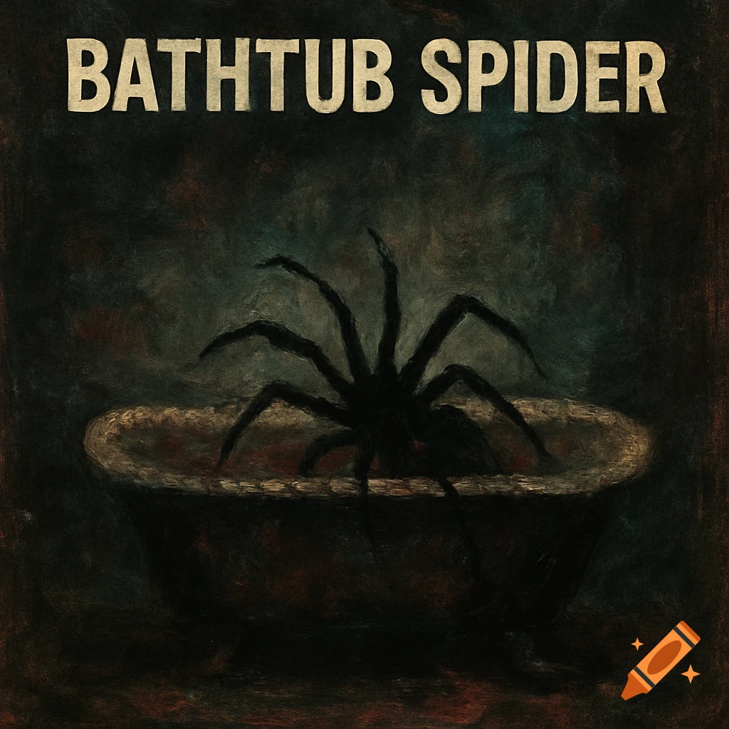 Moody abstract painting of a spider in a bathtub with 'BATHTUB SPIDER' text.