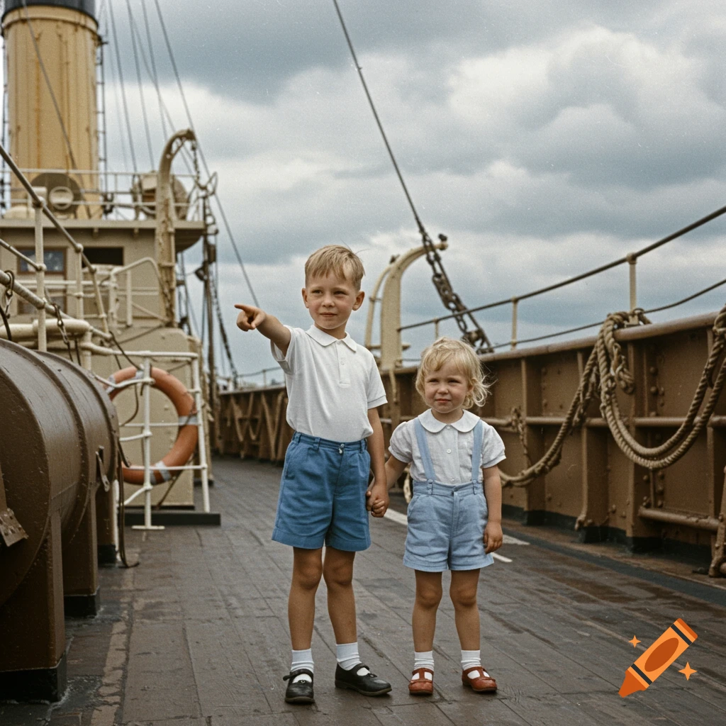 Vintage photo of a boy pointing and a girl standing on a ship deck under a cloudy sky.
