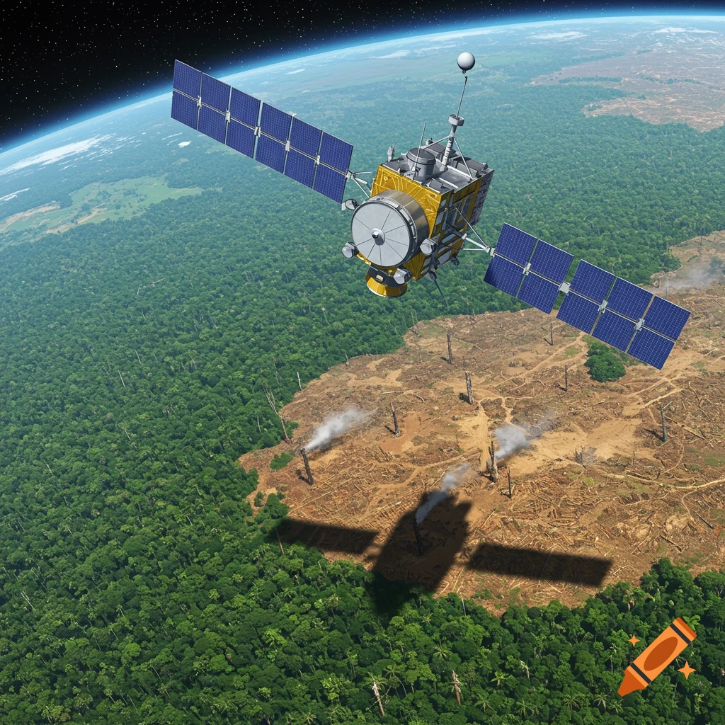 A satellite orbits the Earth, observing a vast area of rainforest next to widespread deforestation below.